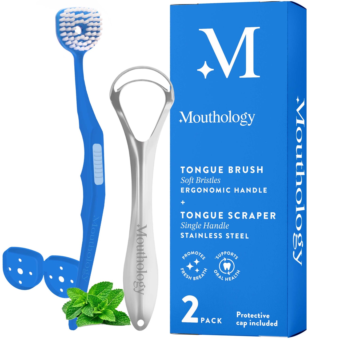 Mouthology Tongue Brushes and Tongue Scraper 2pk Dark Blue (Wholesale)